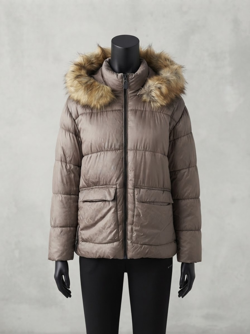 Brown Puffer Jacket with Faux Fur Hood